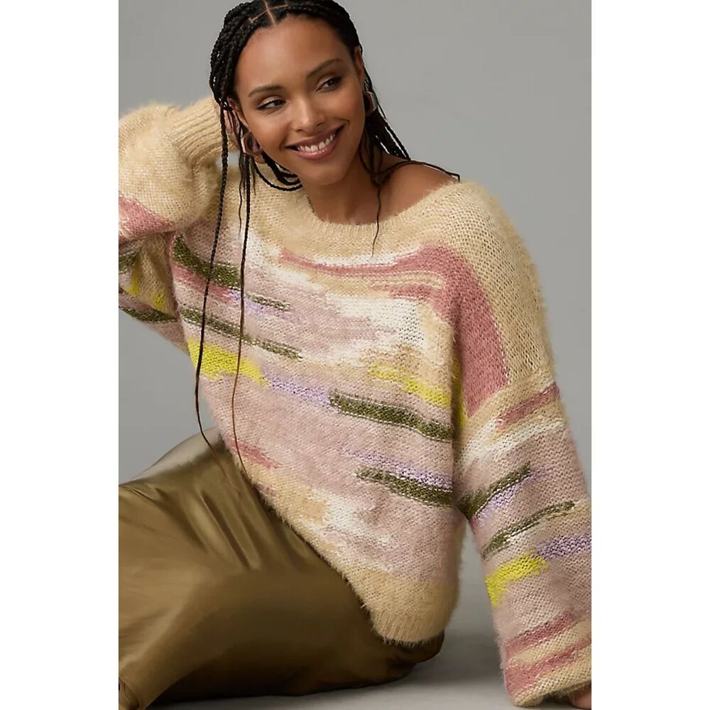 Anthropologie Pilcro Abstract Intarsia Knit Cropped Small Petite Boat Neck Cozy